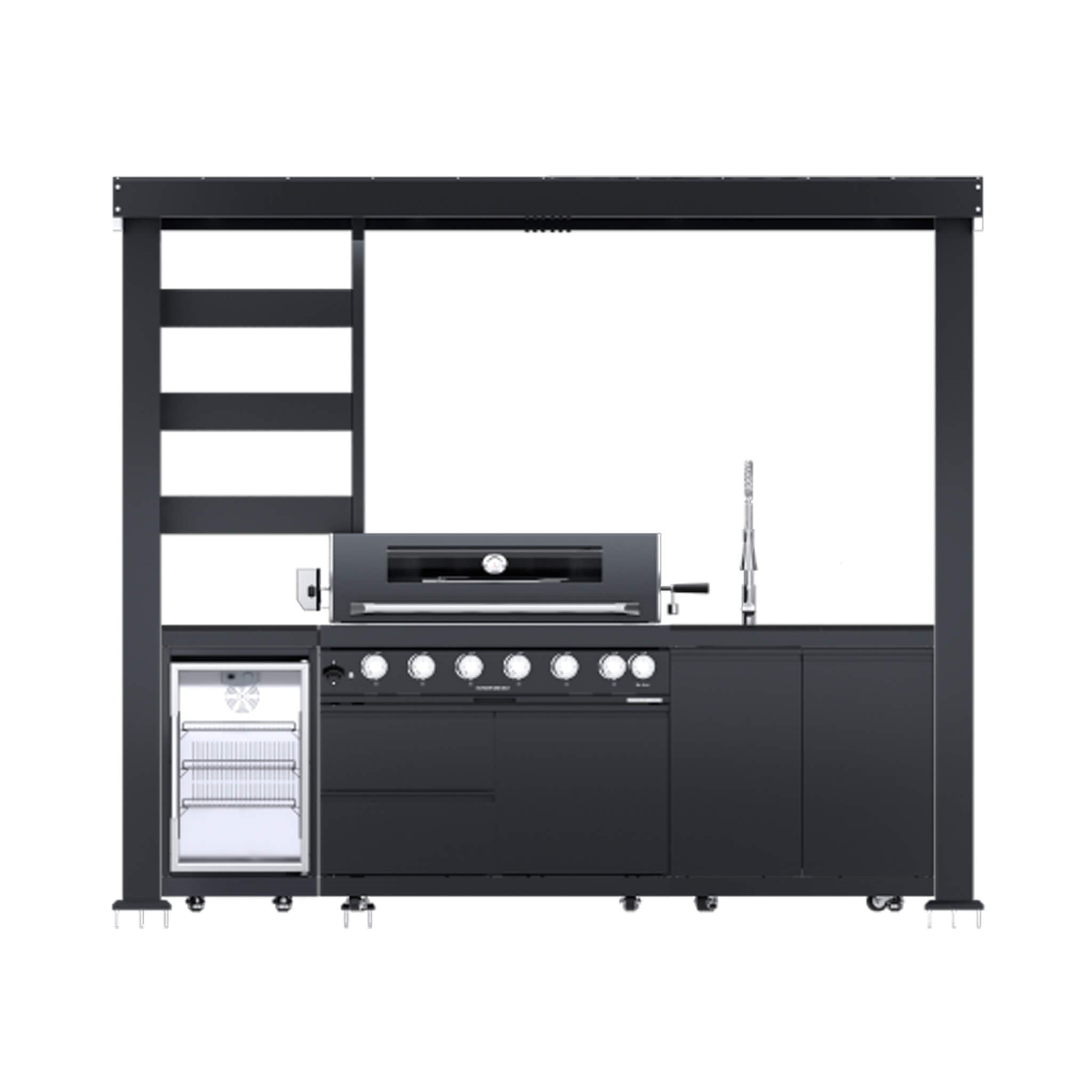 Castelle Flame Blaze 108-Inch 6-Burner 85K BTU Deluxe Stainless Steel Liquid Propane Outdoor Kitchen Grill Island With Wine Cooler, Rotisserie, Cabinets, And Granite Countertops (SAK58310) - The Vitality Estate