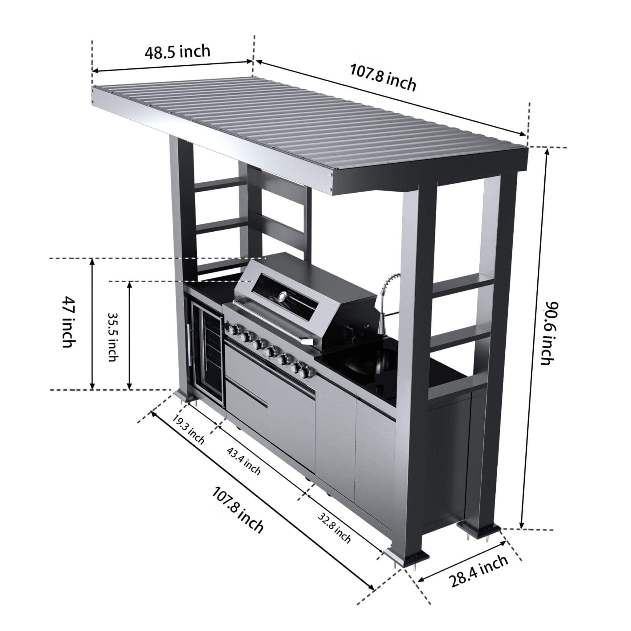Castelle Flame Blaze 108-Inch 6-Burner 85K BTU Deluxe Stainless Steel Liquid Propane Outdoor Kitchen Grill Island With Wine Cooler, Rotisserie, Cabinets, And Granite Countertops (SAK58310) - The Vitality Estate