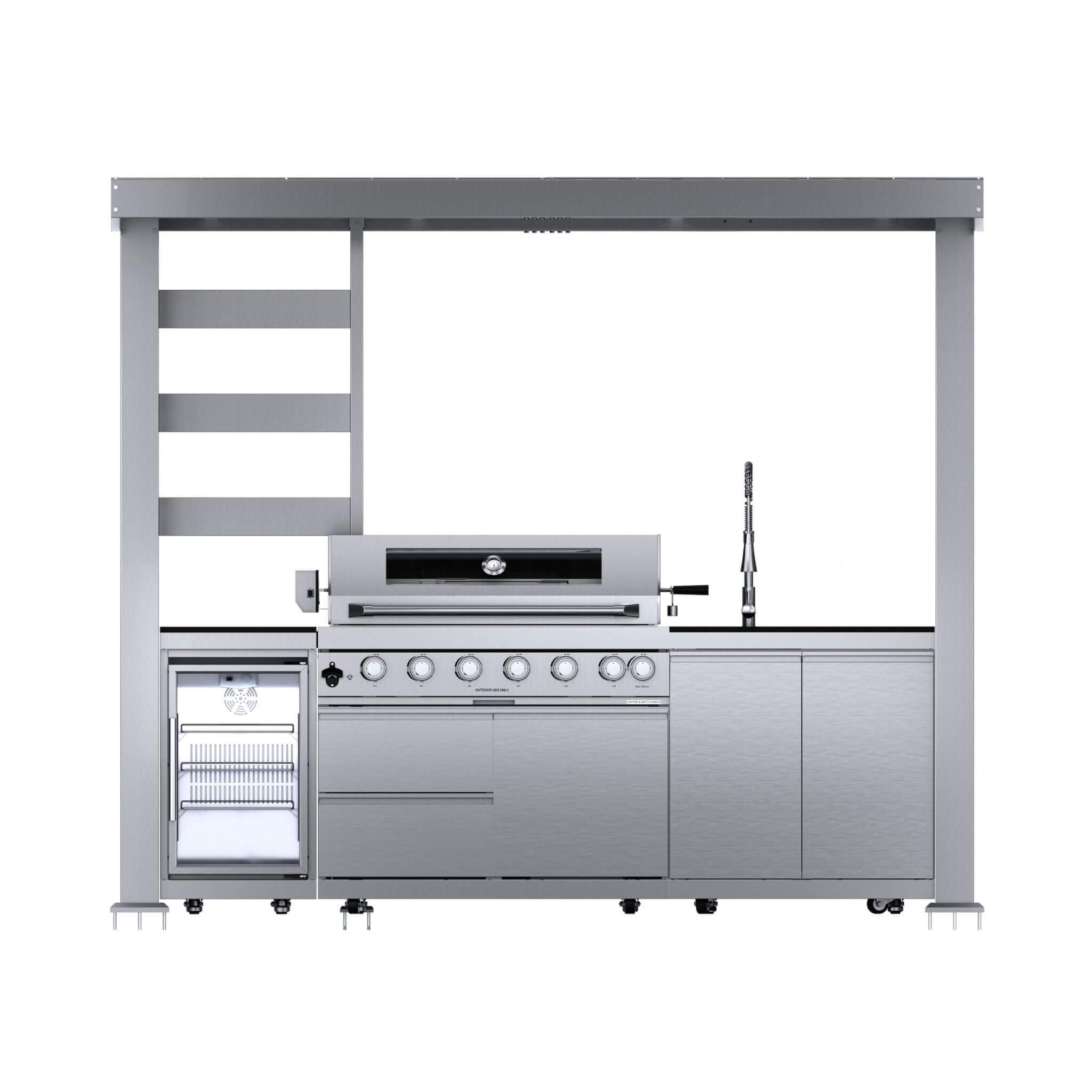 Castelle Flame Blaze 108-Inch 6-Burner 85K BTU Deluxe Stainless Steel Liquid Propane Outdoor Kitchen Grill Island With Wine Cooler, Rotisserie, Cabinets, And Granite Countertops (SAK58310) - The Vitality Estate