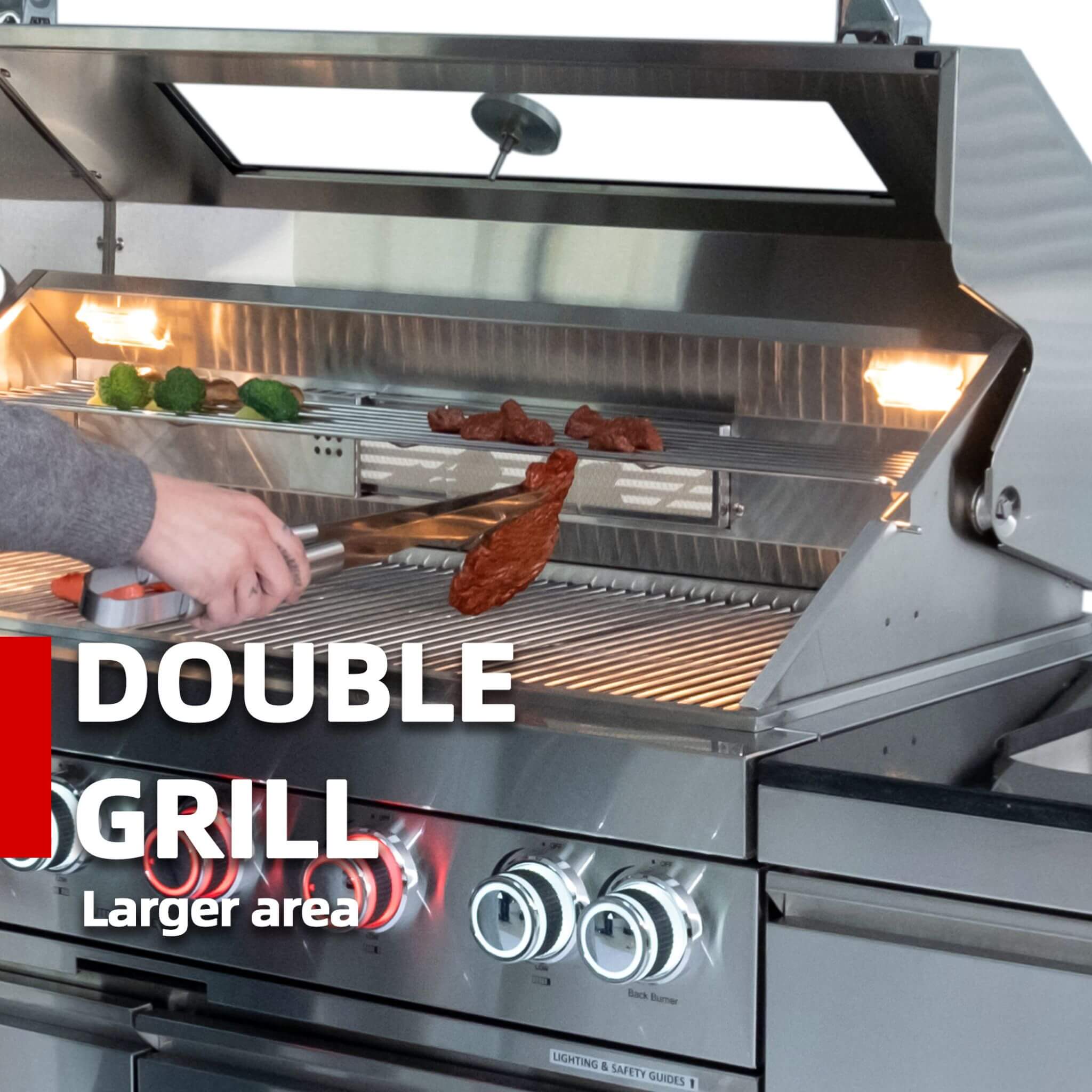 Castelle Flame Capri 96-Inch 6-Burner 85000 BTU Outdoor Kitchen Liquid Propane Grill Island With Fridge (SAK42895) - The Vitality Estate