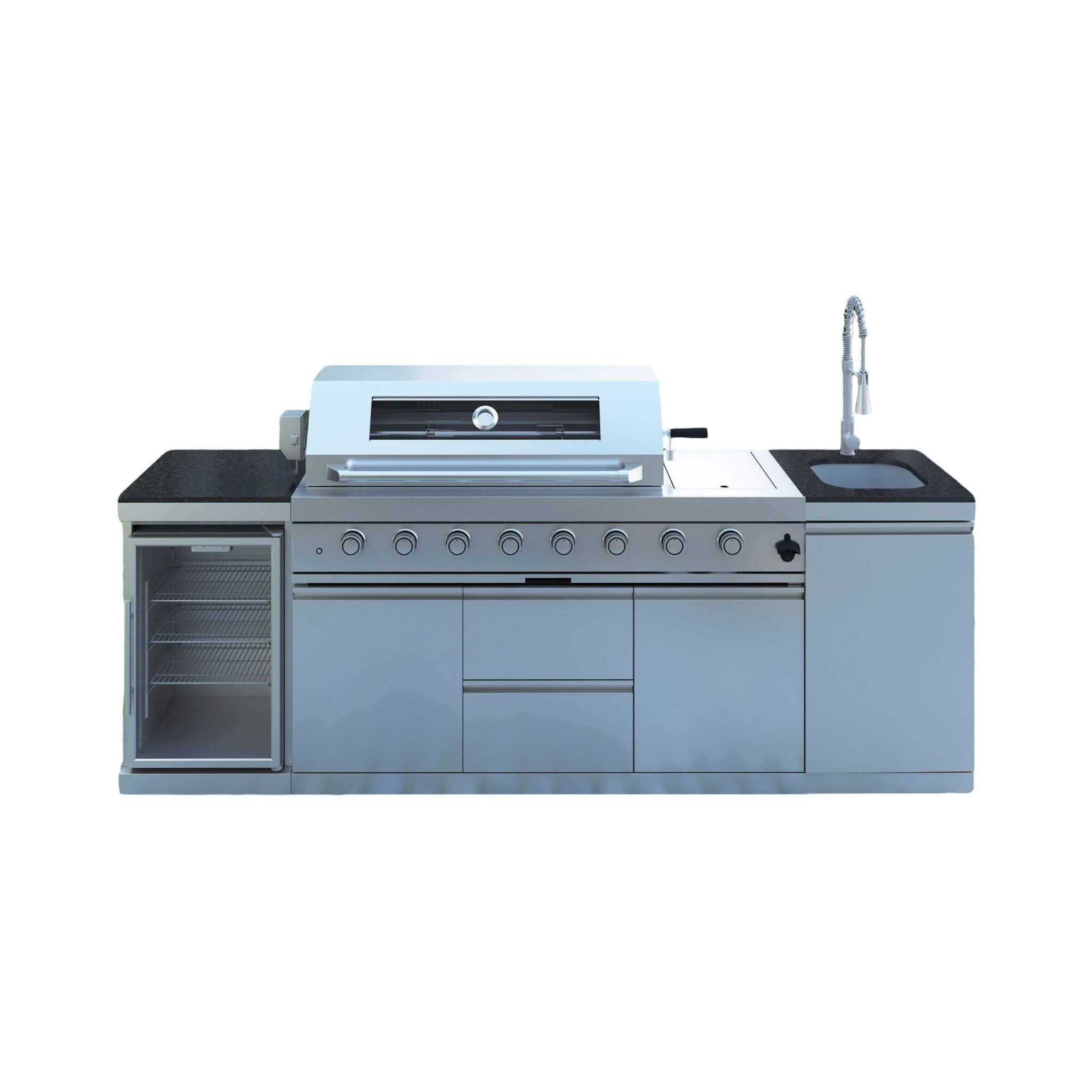 Castelle Flame Capri 96-Inch 6-Burner 85000 BTU Outdoor Kitchen Liquid Propane Grill Island With Fridge (SAK42895) - The Vitality Estate