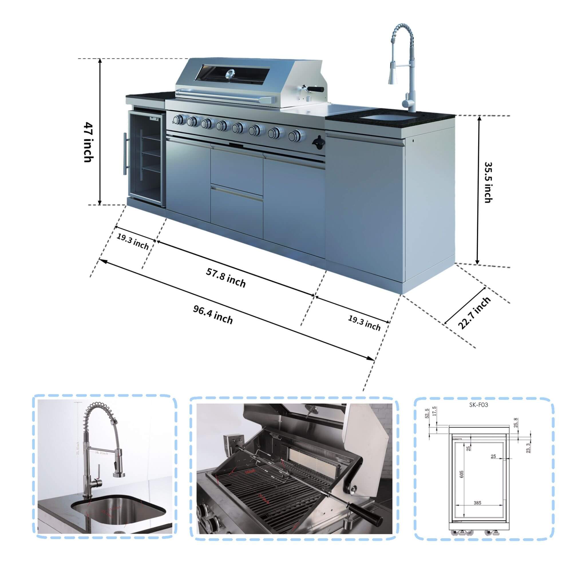 Castelle Flame Capri 96-Inch 6-Burner 85000 BTU Outdoor Kitchen Liquid Propane Grill Island With Fridge (SAK42895) - The Vitality Estate