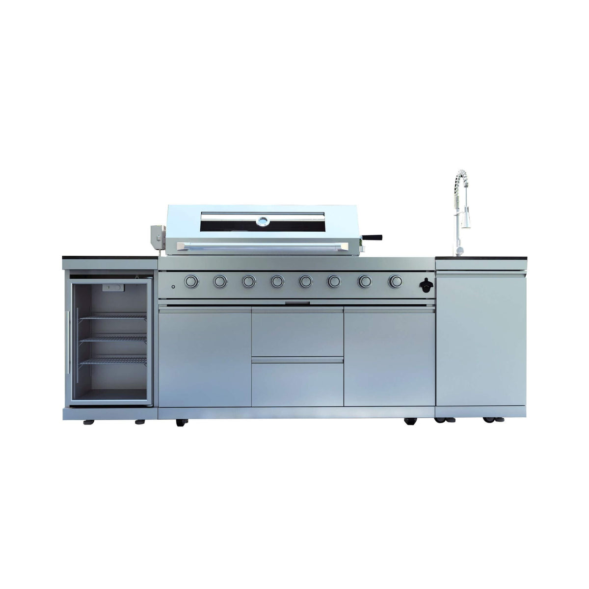 Castelle Flame Capri 96-Inch 6-Burner 85000 BTU Outdoor Kitchen Liquid Propane Grill Island With Fridge (SAK42895) - The Vitality Estate