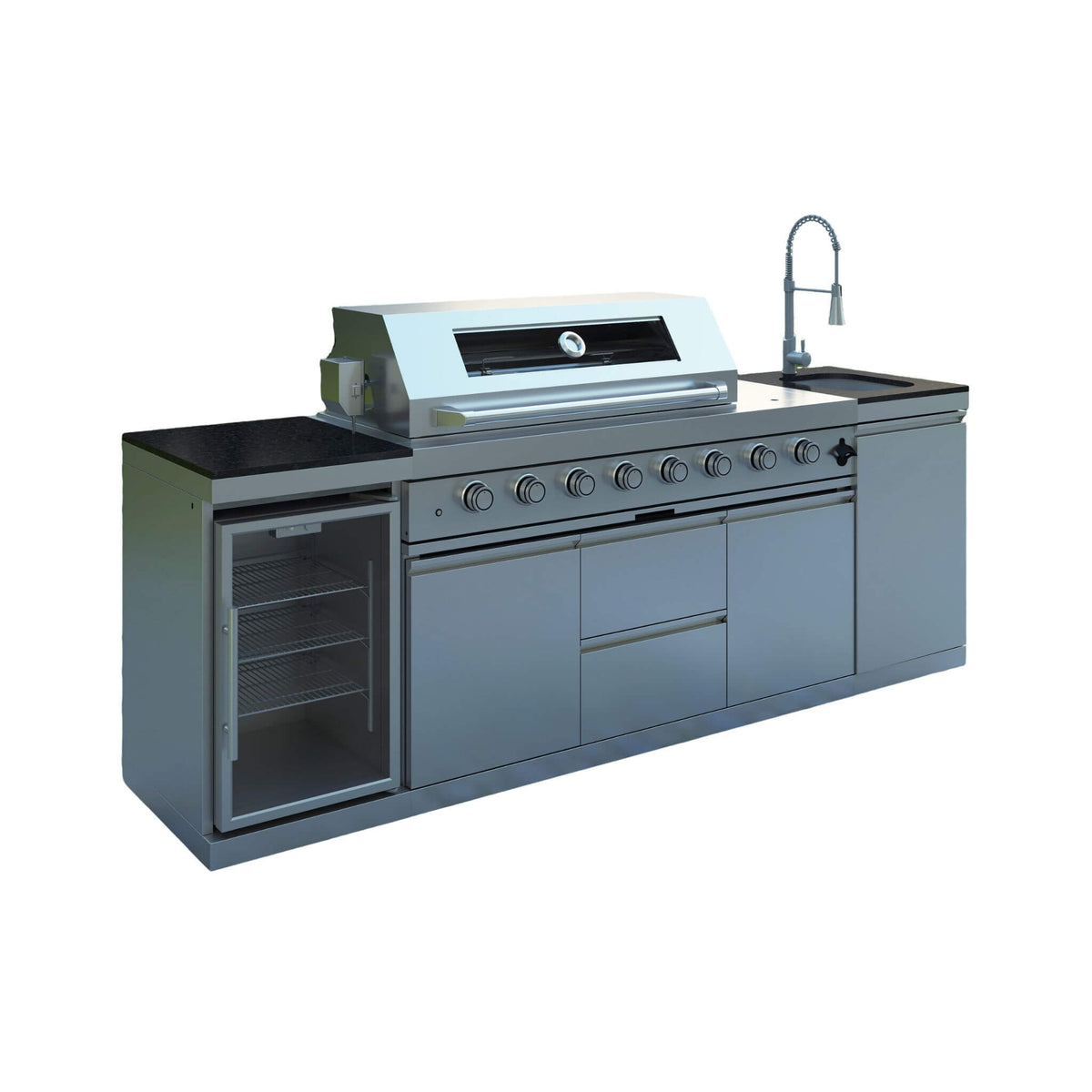 Castelle Flame Capri 96-Inch 6-Burner 85000 BTU Outdoor Kitchen Liquid Propane Grill Island With Fridge (SAK42895) - The Vitality Estate