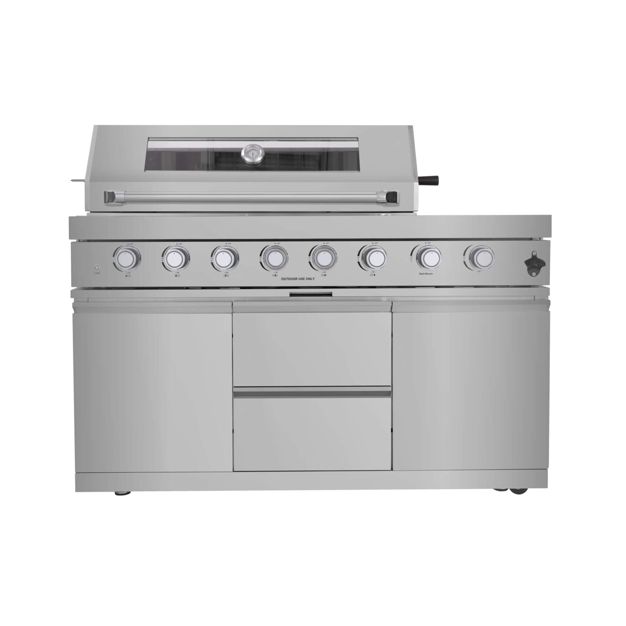 Castelle Flame Capri 96-Inch 6-Burner 85000 BTU Outdoor Kitchen Liquid Propane Grill Island With Fridge (SAK42895) - The Vitality Estate