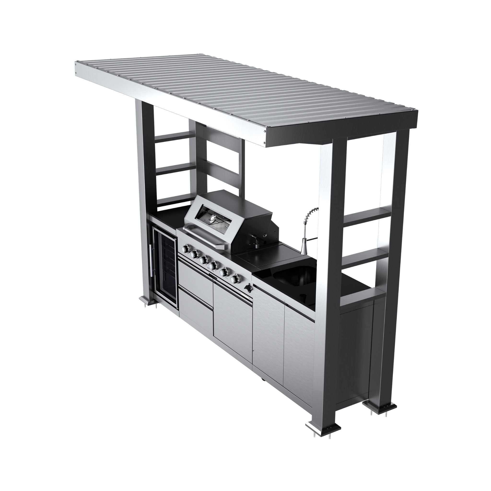 Castelle Flame Imperial 110-Inch 4-Burner 72K BTU Deluxe Stainless Steel Outdoor Kitchen Grill Island With Wine Cooler, Rotisserie, Cabinets, And Granite Countertops (SAK94721) - The Vitality Estate