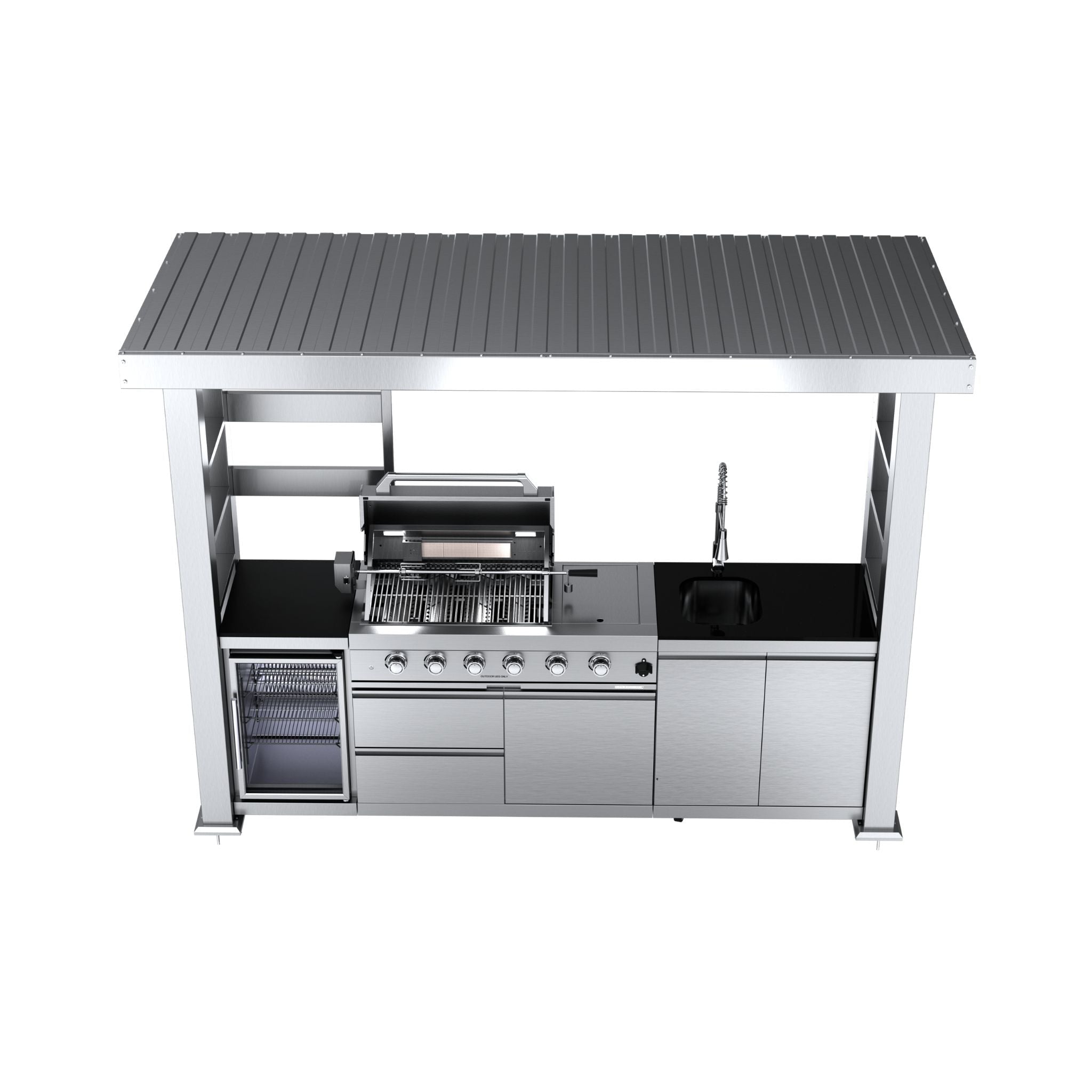 Castelle Flame Imperial 110-Inch 4-Burner 72K BTU Deluxe Stainless Steel Outdoor Kitchen Grill Island With Wine Cooler, Rotisserie, Cabinets, And Granite Countertops (SAK94721) - The Vitality Estate