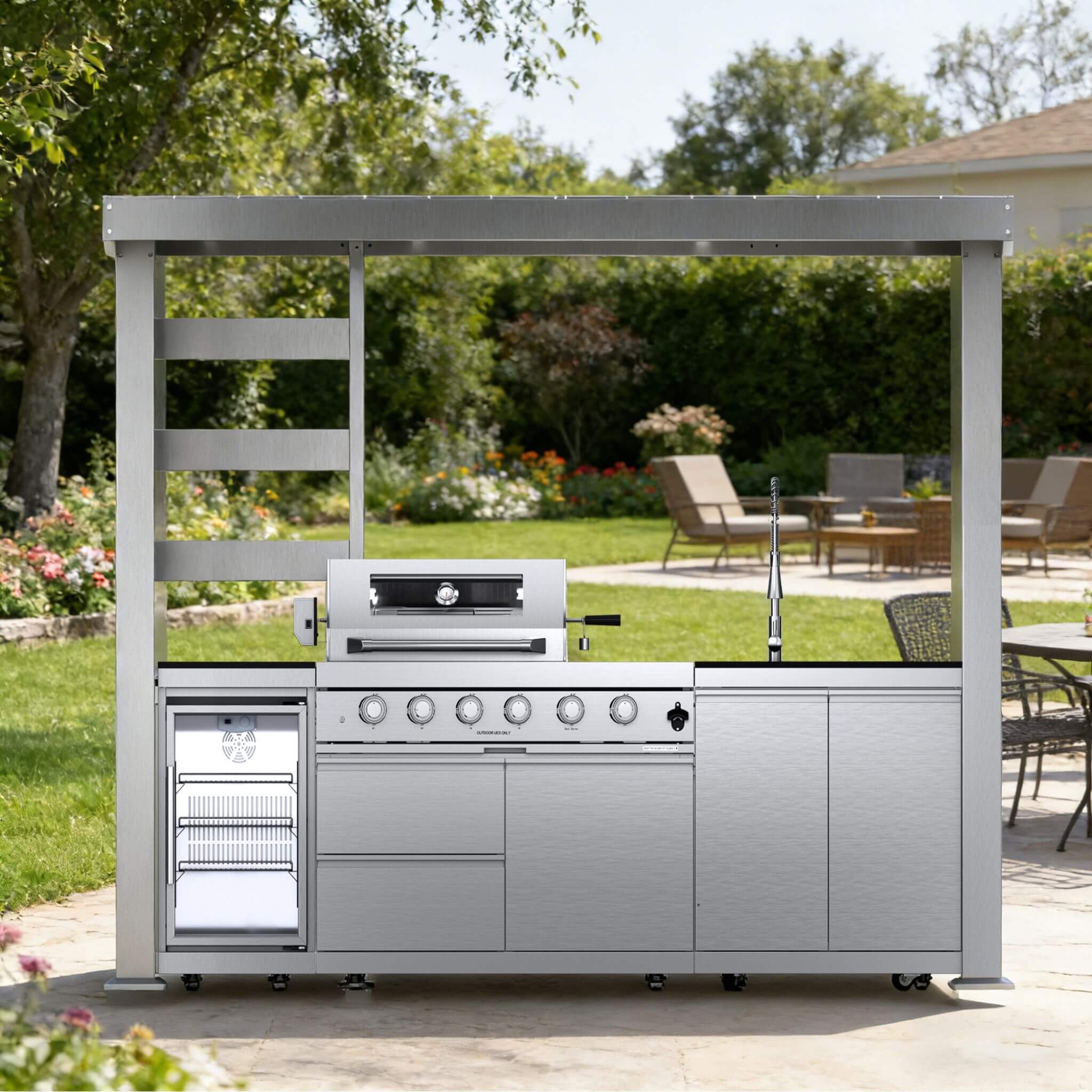 Castelle Flame Imperial 110-Inch 4-Burner 72K BTU Deluxe Stainless Steel Outdoor Kitchen Grill Island With Wine Cooler, Rotisserie, Cabinets, And Granite Countertops (SAK94721) - The Vitality Estate