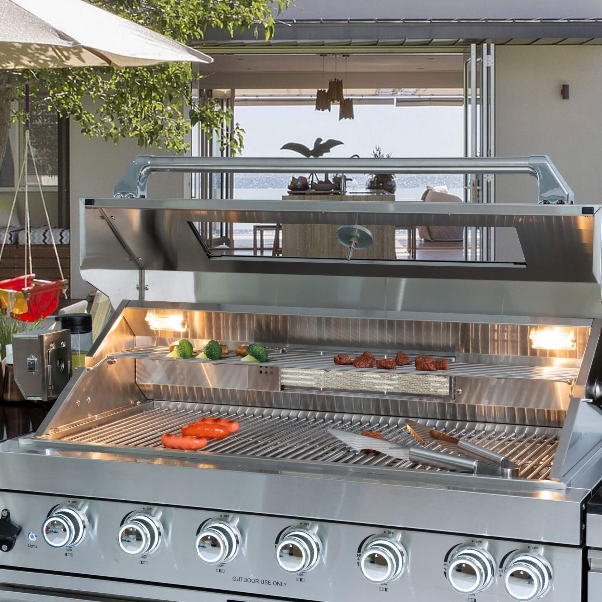 Castelle Flame Verona 44-Inch 6-Burner 85K BTU Stainless Steel Outdoor BBQ Kitchen Grill Island With Wine Cooler, Rotisserie Kit, And Storage Cabinets (SAK97105) - The Vitality Estate