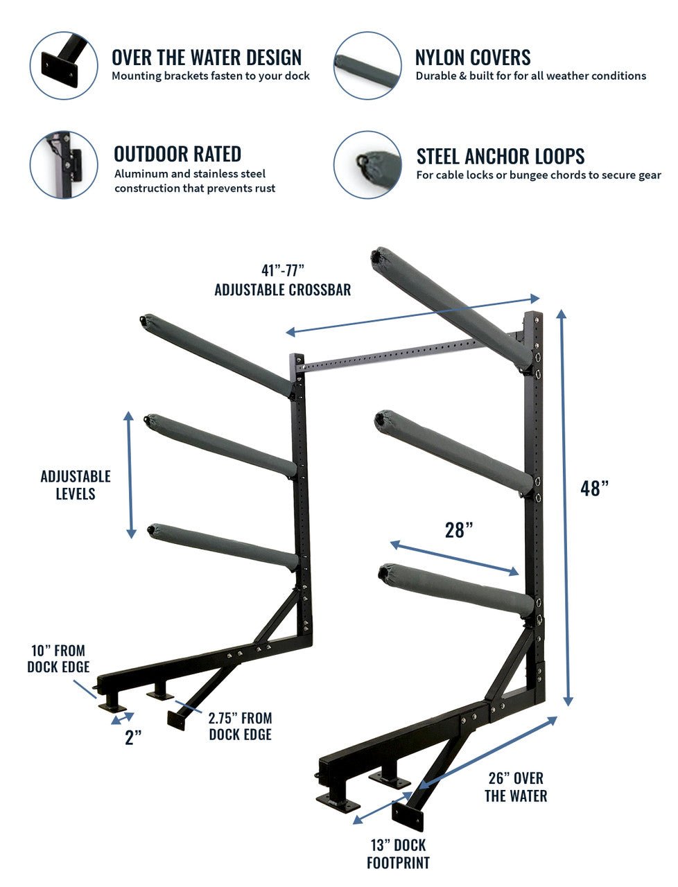 Chesapeake Kayak Storage | Adjustable Dock Rack | Over The Water | 4 Levels - The Vitality Estate