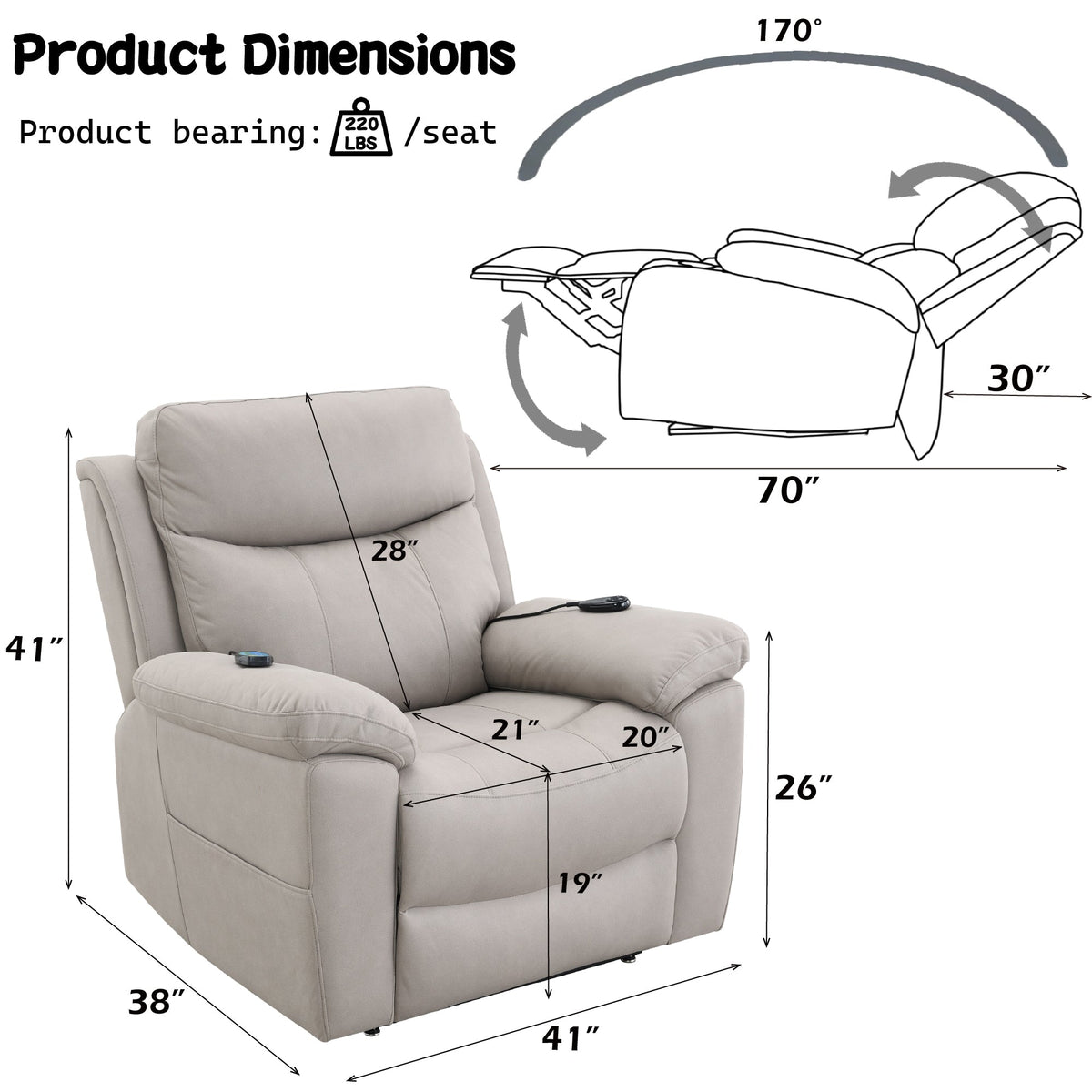 Chriki Beige Chenille & Black Finish Power Recliner with Lift, Heating, and Massage - The Vitality Estate