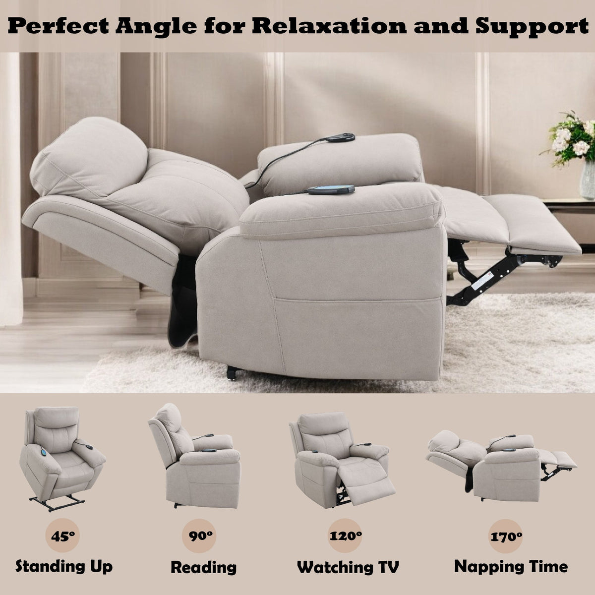 Chriki Beige Chenille & Black Finish Power Recliner with Lift, Heating, and Massage - The Vitality Estate