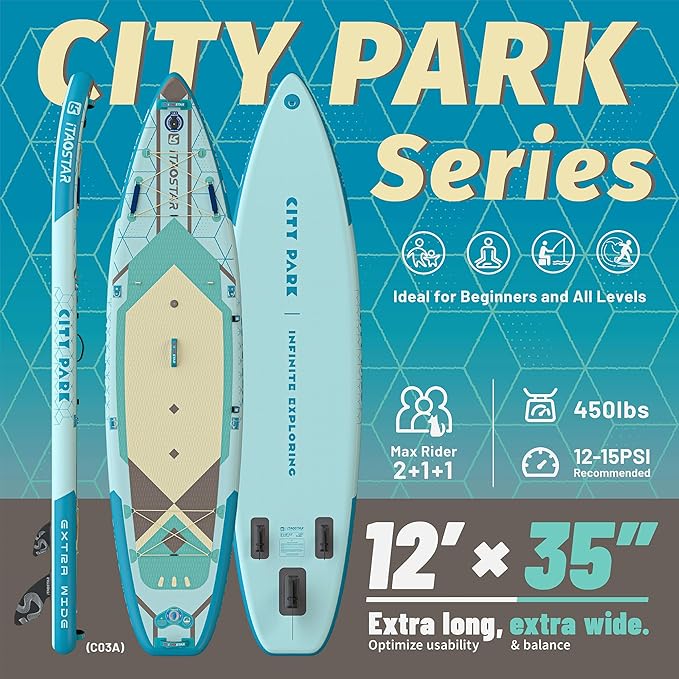 City Park 12'×35" Extra Wide Paddle Board with Seat, One-Stop Premium SUP Board Gears, Tailored 5 Fins, Stable Inflatable Stand Up Paddle Boards for Youth/Adults of All Levels - The Vitality Estate