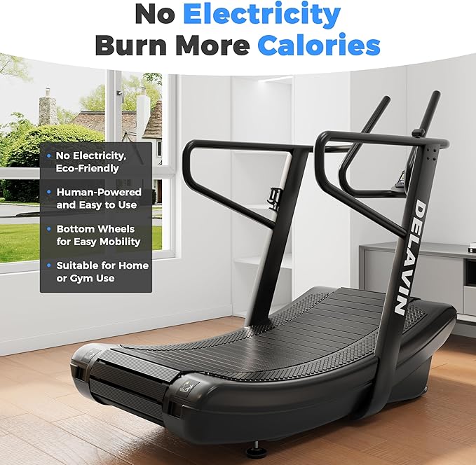 DELAVIN Curved Manual Treadmill, Non Electric Treadmill with 4 Resistance Levels, Motorless Treadmill with Front Digital Display and Handlebar, Wide Belt Treadmill 440LBS Capacity for Home Gym(FBA) - The Vitality Estate