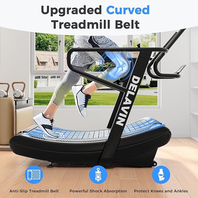 DELAVIN Curved Manual Treadmill, Non Electric Treadmill with 4 Resistance Levels, Motorless Treadmill with Front Digital Display and Handlebar, Wide Belt Treadmill 440LBS Capacity for Home Gym(FBA) - The Vitality Estate