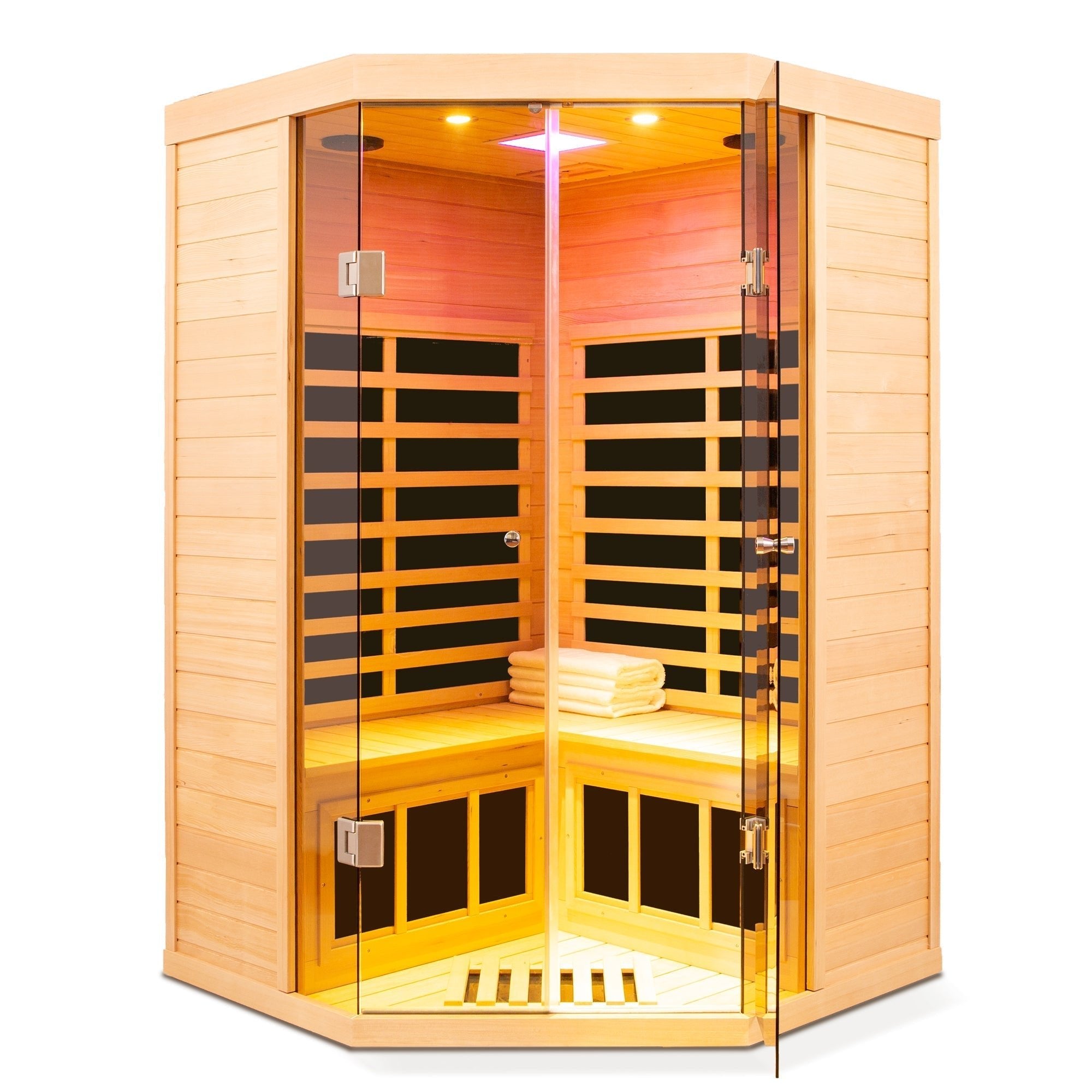 Deluxe Hemlock Far Infrared Corner Sauna Room with Glass Front for Two Persons - The Vitality Estate