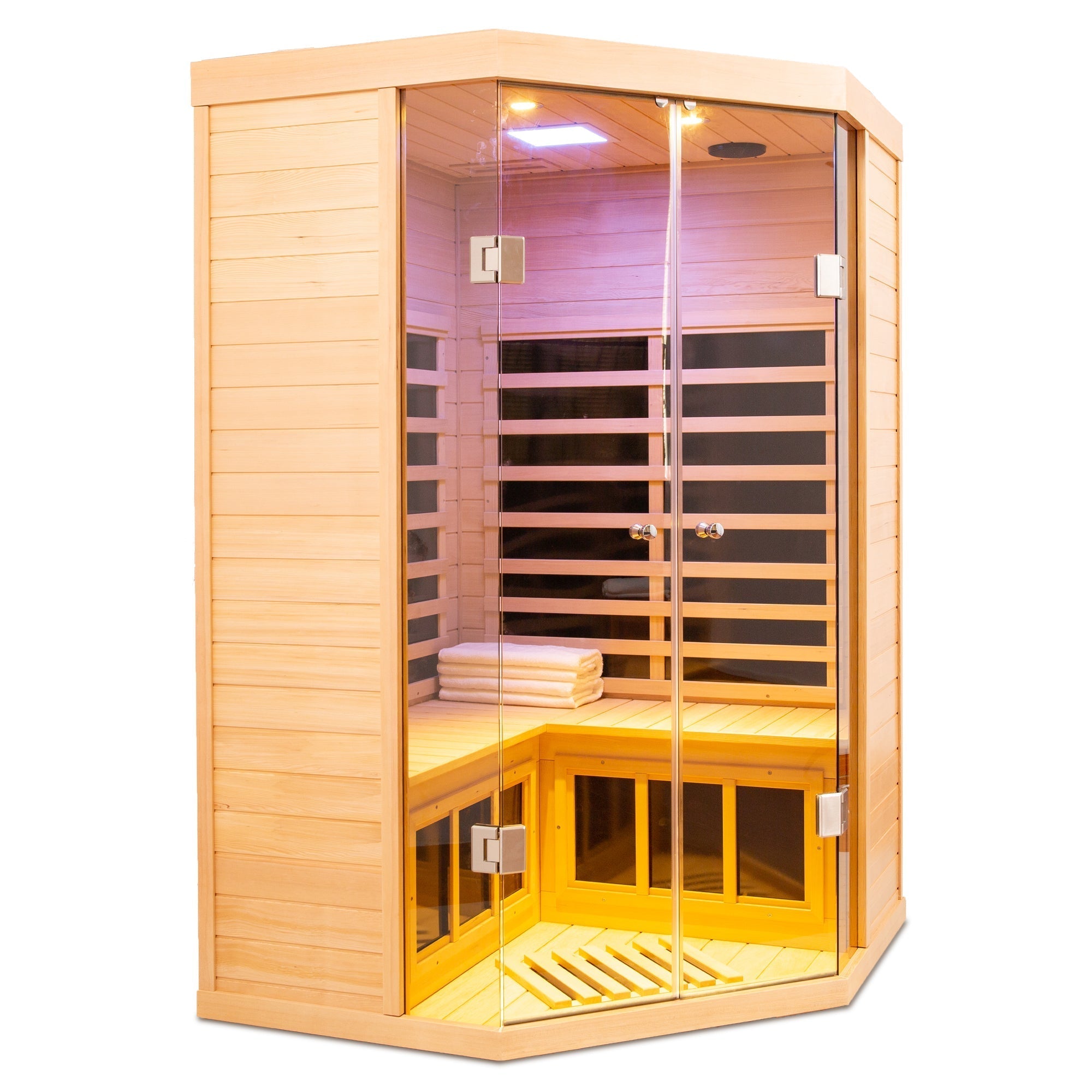 Deluxe Hemlock Far Infrared Corner Sauna Room with Glass Front for Two Persons - The Vitality Estate