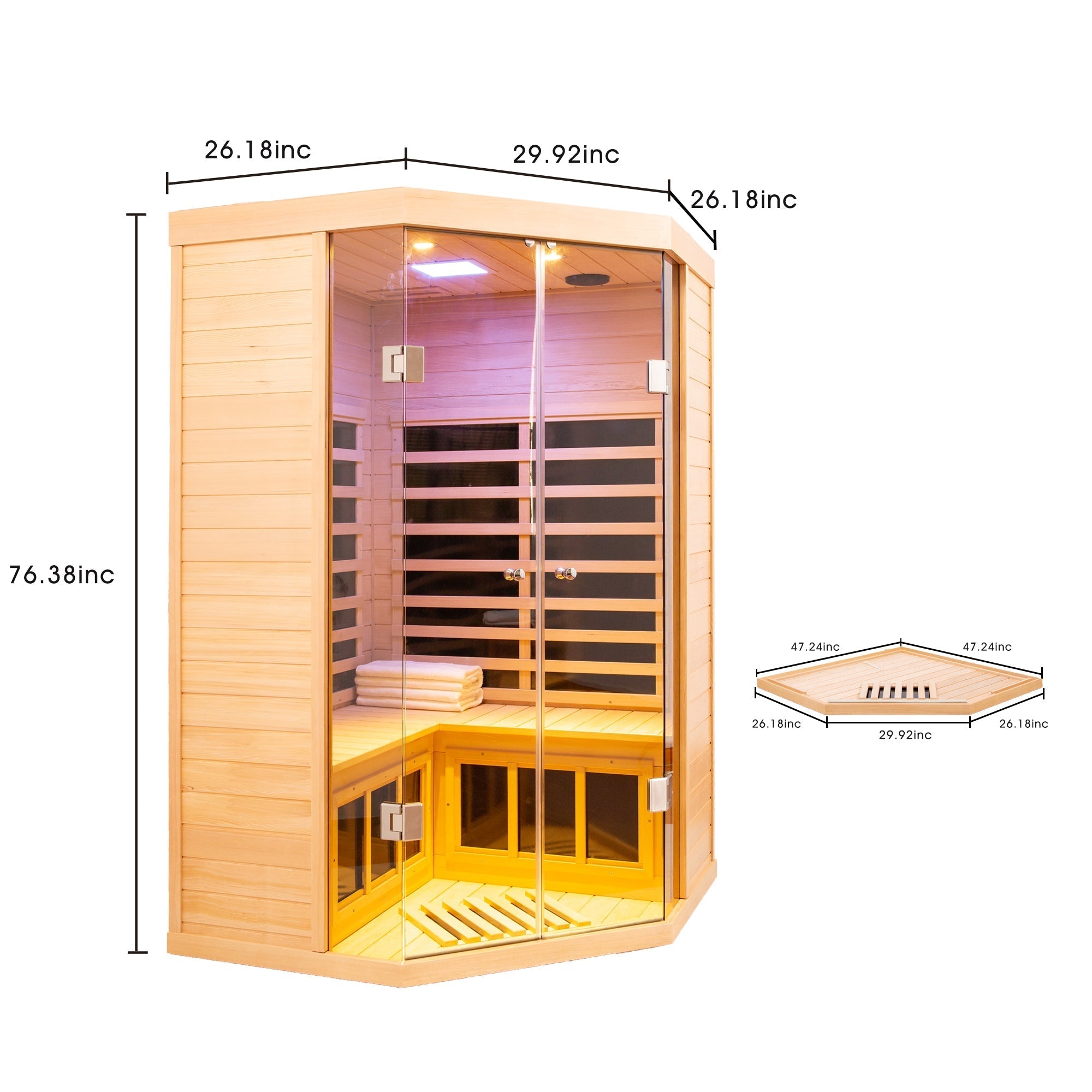 Deluxe Hemlock Far Infrared Corner Sauna Room with Glass Front for Two Persons - The Vitality Estate