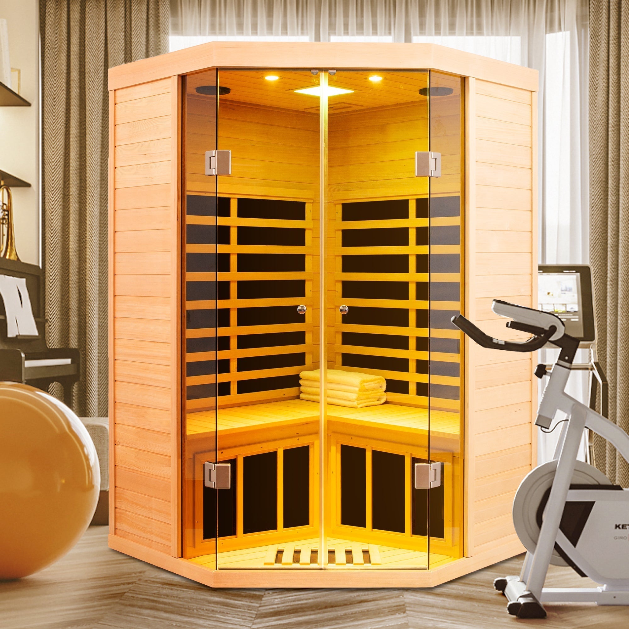 Deluxe Hemlock Far Infrared Corner Sauna Room with Glass Front for Two Persons - The Vitality Estate