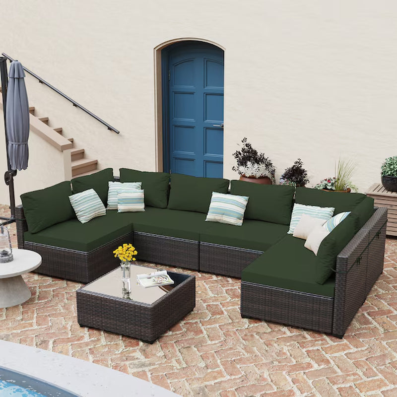 7 -Piece Rattan Patio Conversation Set with Green Cushions