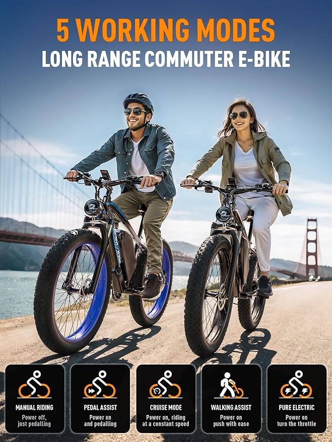 Ebike for Adults Electric, 52V 19.2Ah/32Ah, Peak 2000W/2500W E-Bike, 36/40MPH, 70 Miles/100Miles Long Range, Hydraulic Disc Brake, Off Road Snow Mountain E-Bike, 24"/26" Fat Tire Fast Electric Bicycle - The Vitality Estate