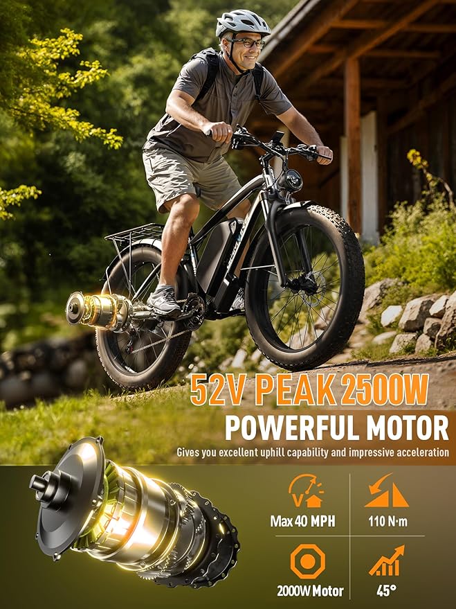 Ebike for Adults Electric, 52V 19.2Ah/32Ah, Peak 2000W/2500W E-Bike, 36/40MPH, 70 Miles/100Miles Long Range, Hydraulic Disc Brake, Off Road Snow Mountain E-Bike, 24"/26" Fat Tire Fast Electric Bicycle - The Vitality Estate