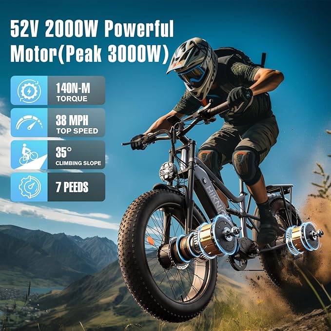Electric Bike for Adult, 52V 20Ah Peak 3000W Dual Motor 26" Fat Tire Ebike, Max 38Mph & 35-90 Miles Full Suspension, Mountain E Bicycle for Men - The Vitality Estate