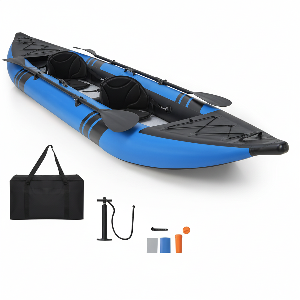 Inflatable Kayak, 12.5Ft 507Lbs Tandem Kayak with 2 Aluminum Paddles, 2 Padded Seats, Footrests, 2 Fins, Hand Pump, Carry Bag & Repair Kit, 2 Person Fishing Touring Kayak for Adults