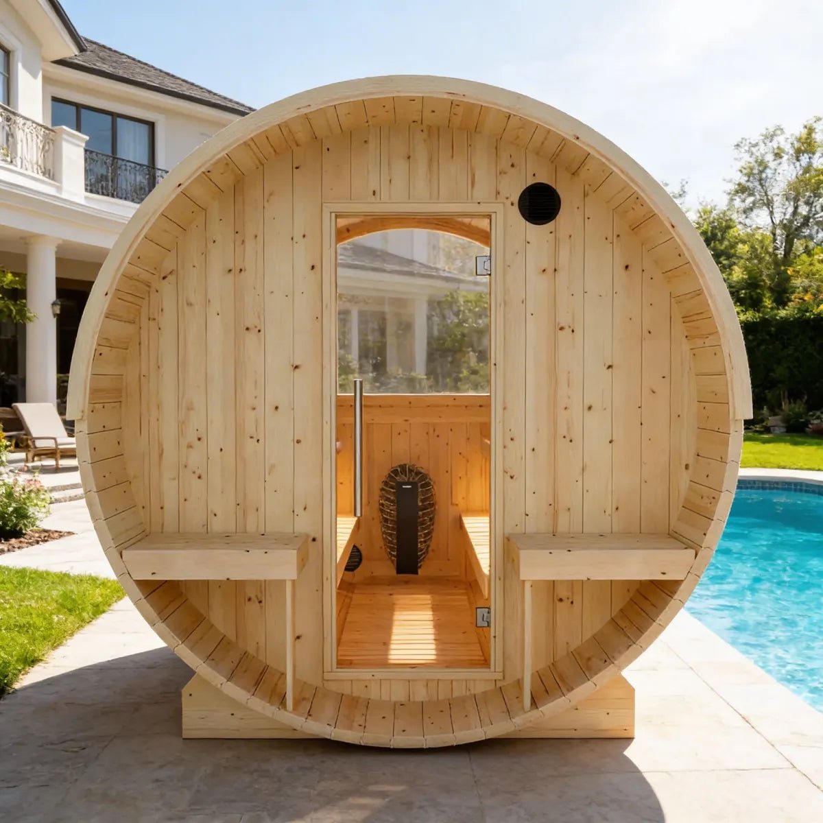Helsinki Finnish Barrel Sauna with Terrace and WiFi Heater - Finnish Sauna Builders - The Vitality Estate