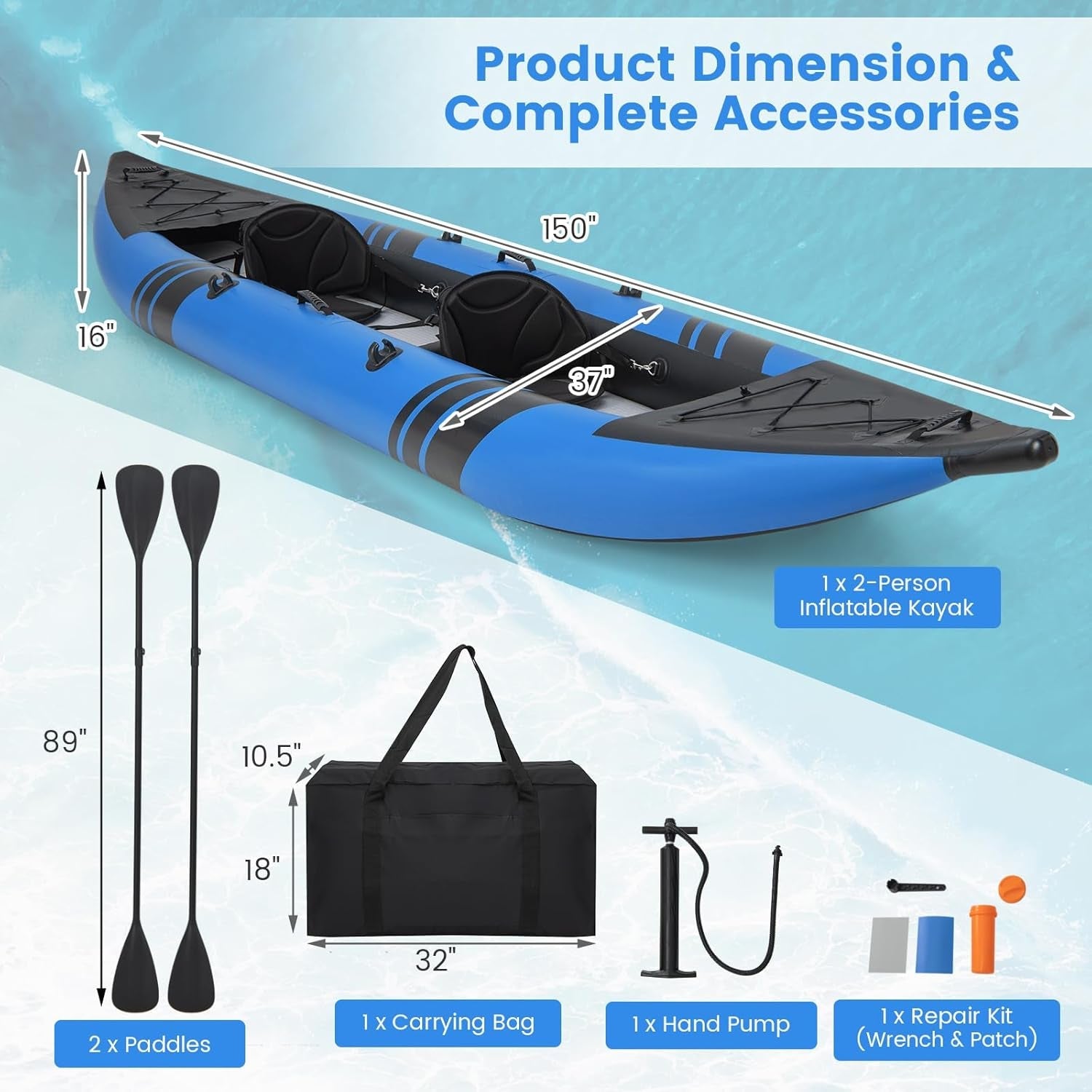 Inflatable Kayak, 12.5Ft 507Lbs Tandem Kayak with 2 Aluminum Paddles, 2 Padded Seats, Footrests, 2 Fins, Hand Pump, Carry Bag & Repair Kit, 2 Person Fishing Touring Kayak for Adults - The Vitality Estate