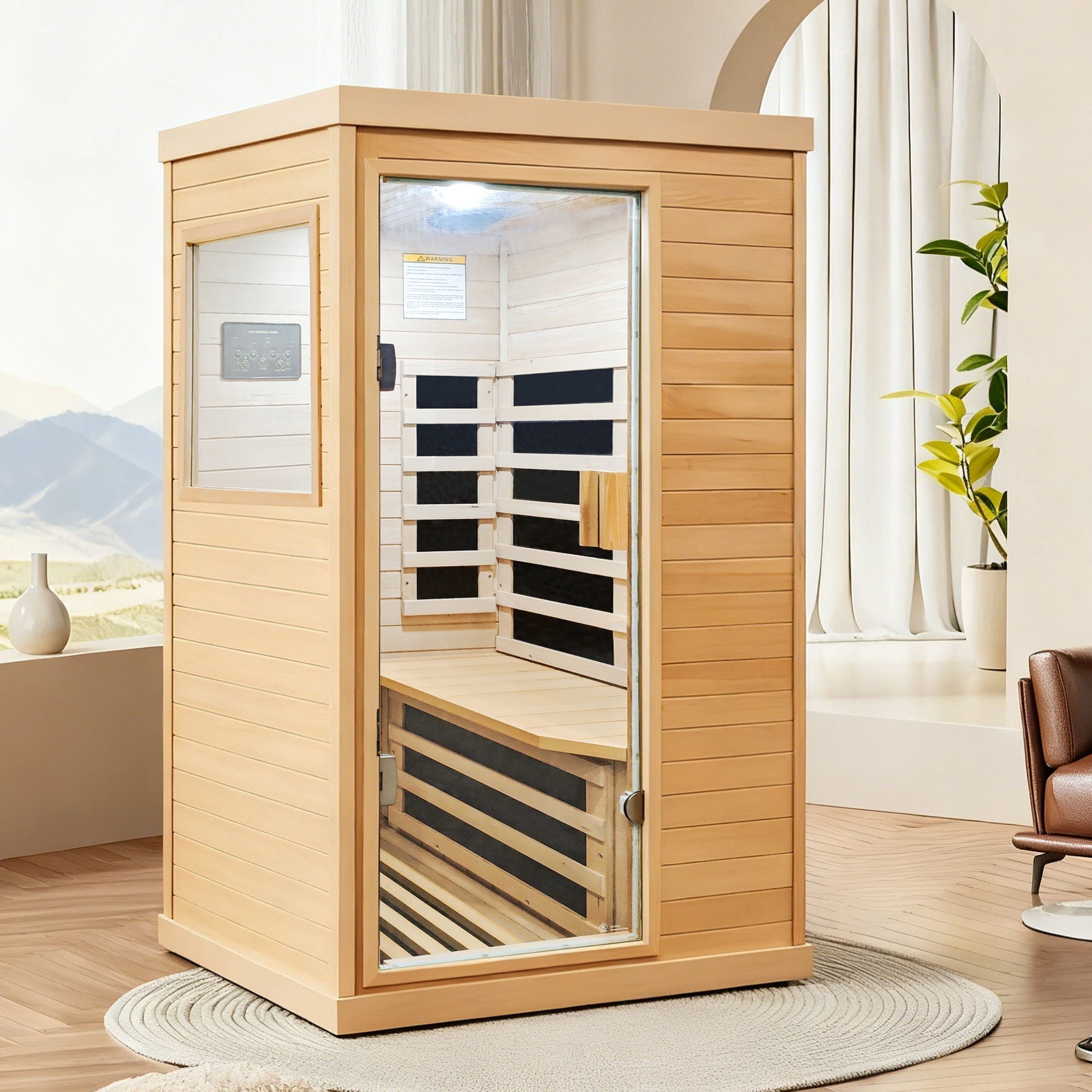 Infrared Sauna Room Single Room With Hemlock Frame, 6 Heating Plates, Built-In Lights And Bluetooth Audio - Natural - The Vitality Estate