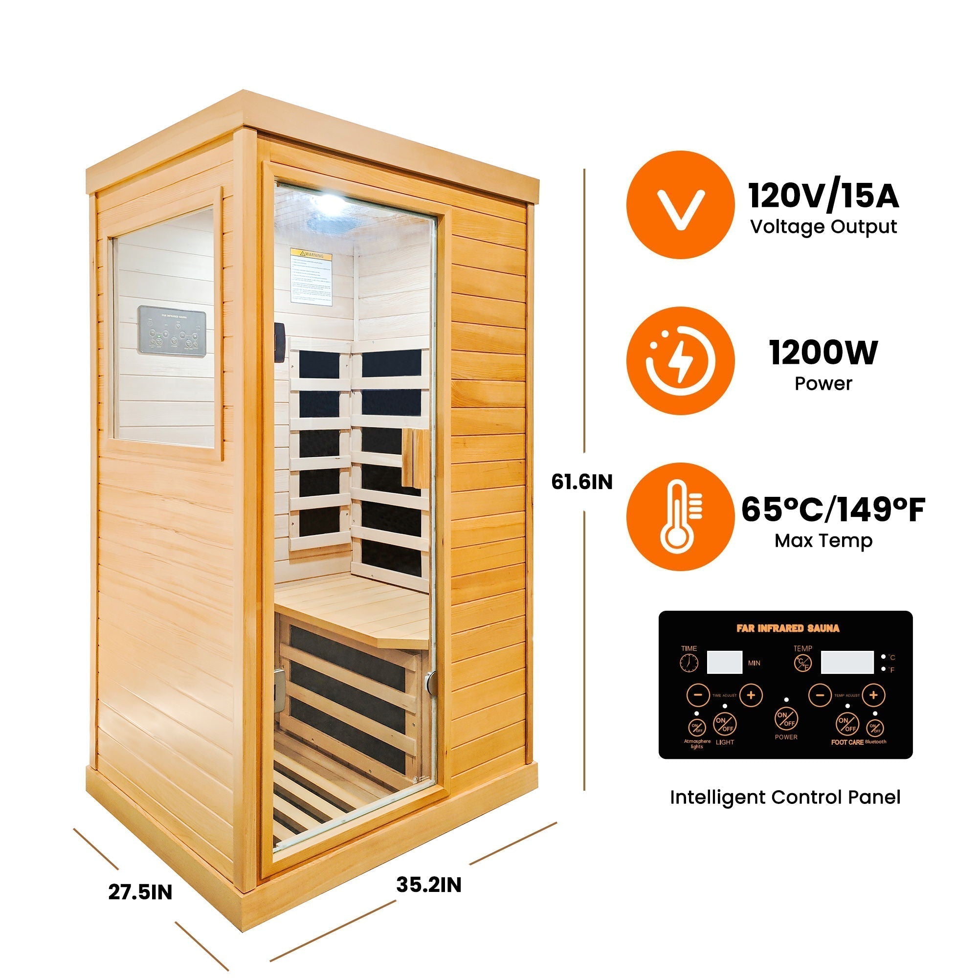 Infrared Sauna Room Single Room With Hemlock Frame, 6 Heating Plates, Built-In Lights And Bluetooth Audio - Natural - The Vitality Estate