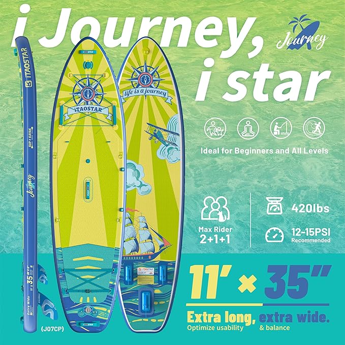 Journey 11'6" / 11'×34" / 11'×35" Extra Wide Paddle Board, One-Stop Premium SUP Board Accessories, Tailored Fins, Stable Inflatable Stand Up Paddle Boards for Youth/Adults of All Skill Levels - The Vitality Estate