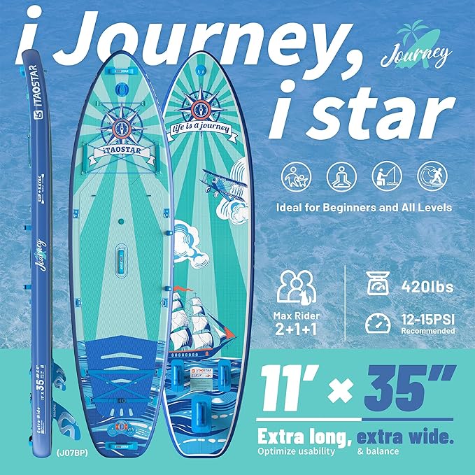 Journey 11'6" / 11'×34" / 11'×35" Extra Wide Paddle Board, One-Stop Premium SUP Board Accessories, Tailored Fins, Stable Inflatable Stand Up Paddle Boards for Youth/Adults of All Skill Levels - The Vitality Estate