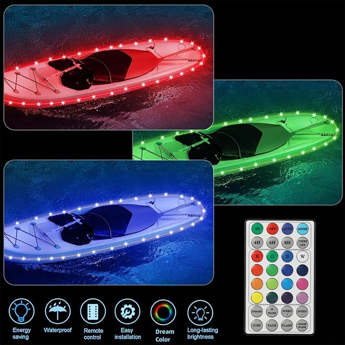 Kayak Paddle Board Lights Kit, IP68 Waterproof Dream Color SUP Glow Light with Remote, Battery Powered Kayak Lights for Night Kayaking SUP Canoes, Marine Pontoon Boats Light (26FT) - The Vitality Estate