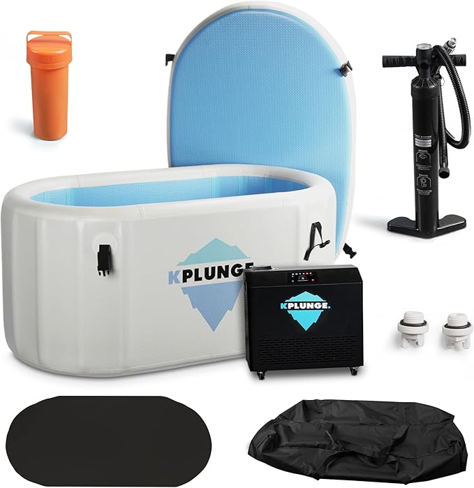 Kodiak 59" 1-Person Inflatable Cold Plunge Ice Bath or Hot Tub with 3/4 HP Chiller and Heater, PVC Insulated Lid, Hand Pump, Repair Kit, 110-Gallon Capacity, Indoor/Outdoor Tub – Gray - The Vitality Estate
