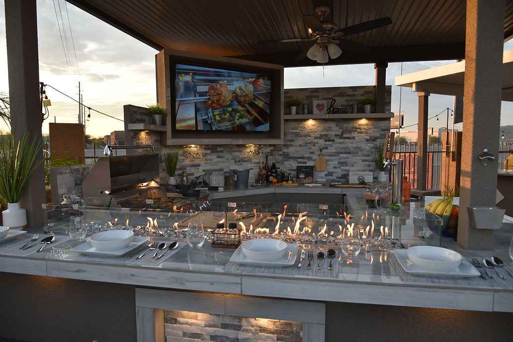 KoKoMo Bermuda Kitchen BBQ Island with Built-In TV, Fire Pit & Bar for Ultimate Outdoor Entertaining - The Vitality Estate