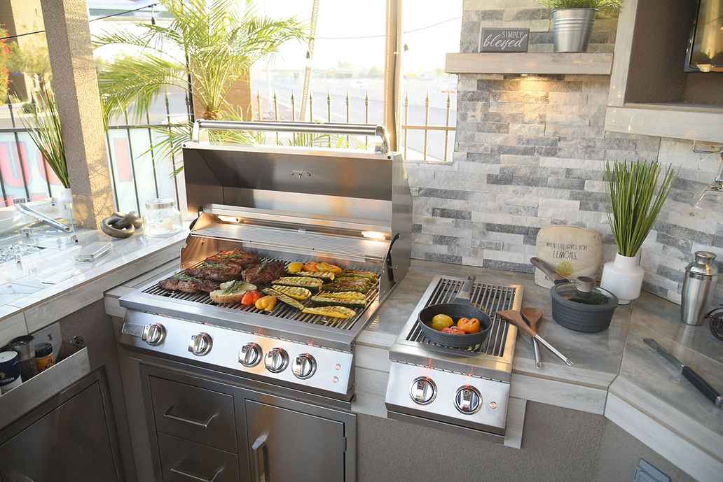 KoKoMo Bermuda Kitchen BBQ Island with Built-In TV, Fire Pit & Bar for Ultimate Outdoor Entertaining - The Vitality Estate