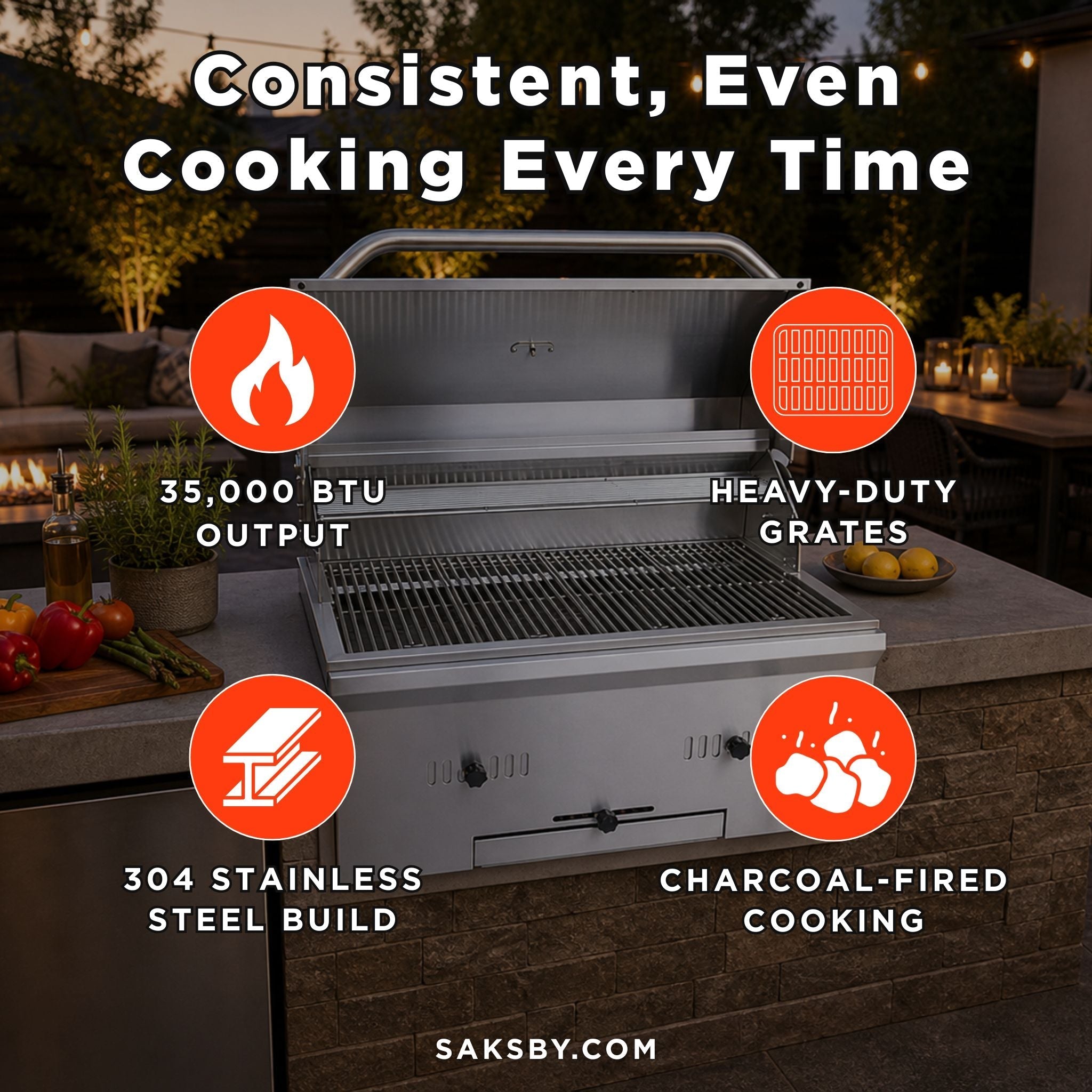 KoKoMo Grills Premium Built-In Charcoal Grill With 304 Stainless Steel And Adjustable Heat Tray, 32" (SAK32504) - The Vitality Estate