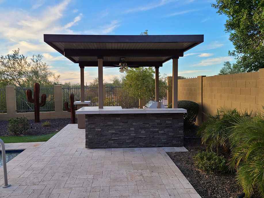 KoKoMo Outdoor Kitchen BBQ Island with 12' x 12' Pergola – Built-In 4-Burner Grill, Refrigerator, and Lighting - The Vitality Estate