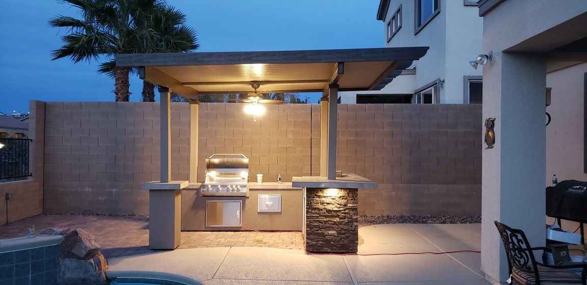KoKoMo Outdoor Kitchen BBQ Island with 12' x 12' Pergola – Built-In 4-Burner Grill, Refrigerator, and Lighting - The Vitality Estate