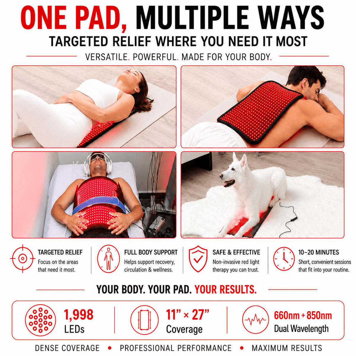 Large Red Light Therapy Pad – 27" x 11" with 1,998 LEDs for Pain Relief & Recovery - The Vitality Estate