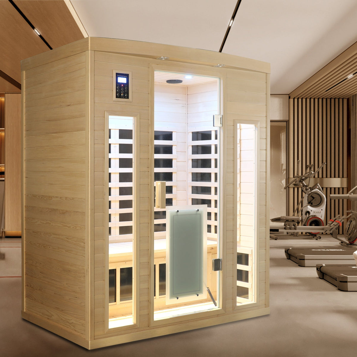 Low EMF, There is also a heating plate on the glass door, Hemlock wood Far-infrared indoor Three person sauna room - The Vitality Estate