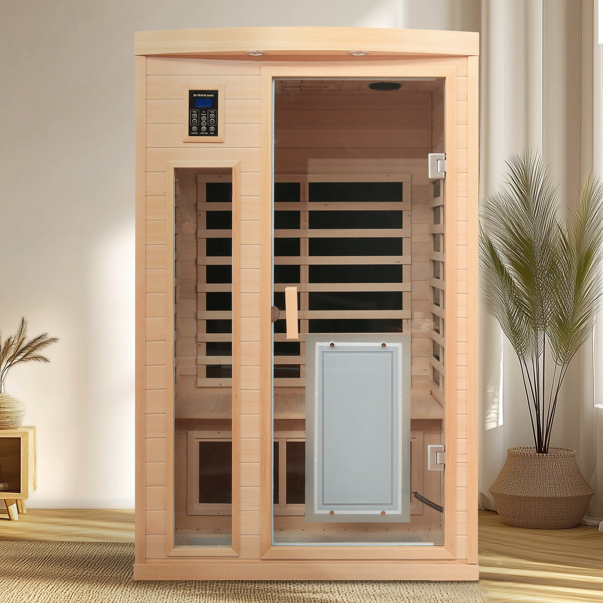 Low EMF, There is also a heating plate on the glass door, Hemlock wood Far-infrared indoor Two person sauna room - The Vitality Estate