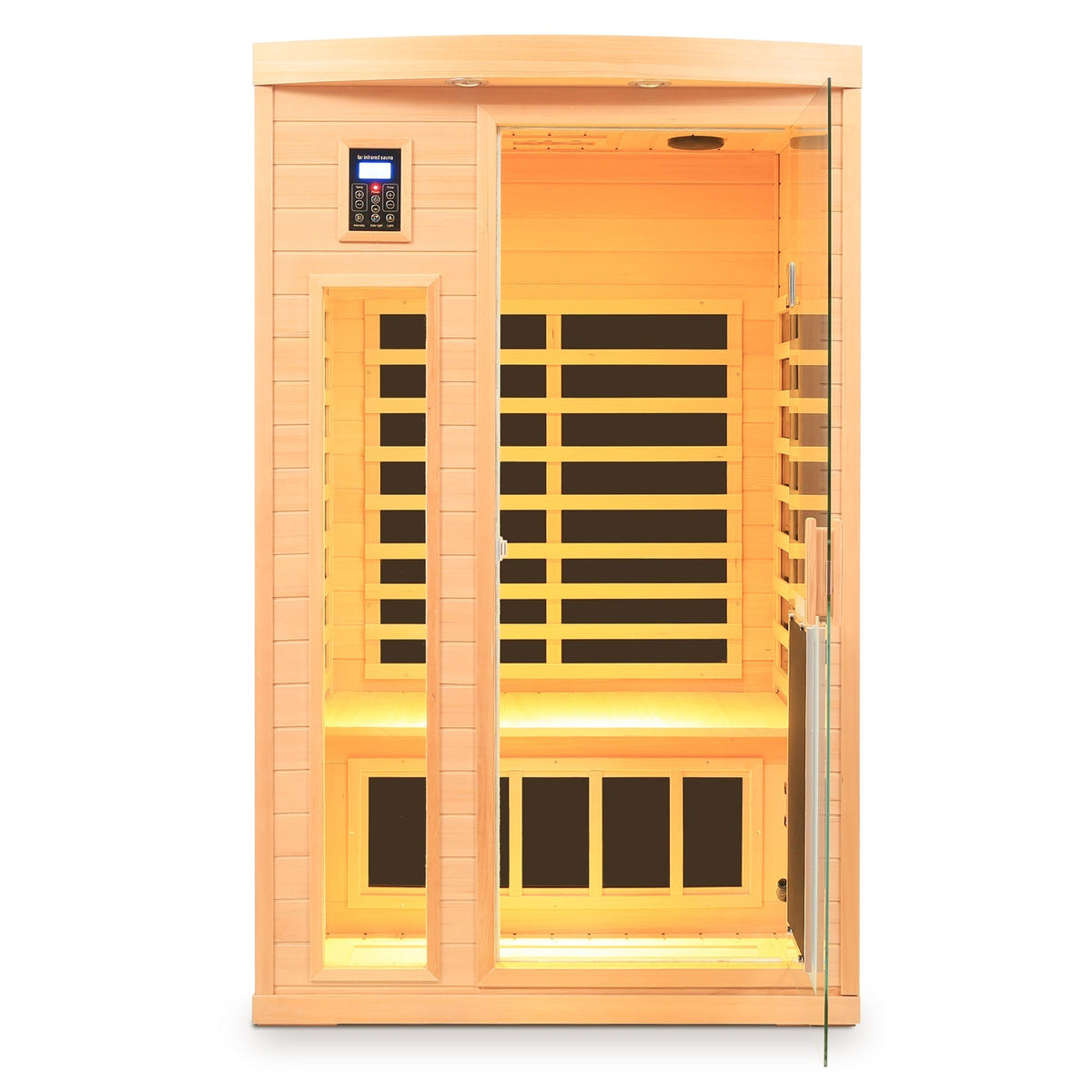 Low EMF, There is also a heating plate on the glass door, Hemlock wood Far-infrared indoor Two person sauna room - The Vitality Estate