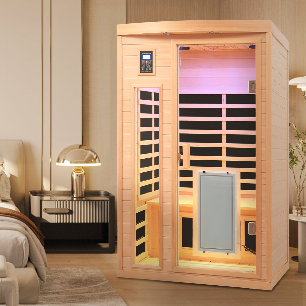 Low EMF, There is also a heating plate on the glass door, Hemlock wood Far-infrared indoor Two person sauna room - The Vitality Estate