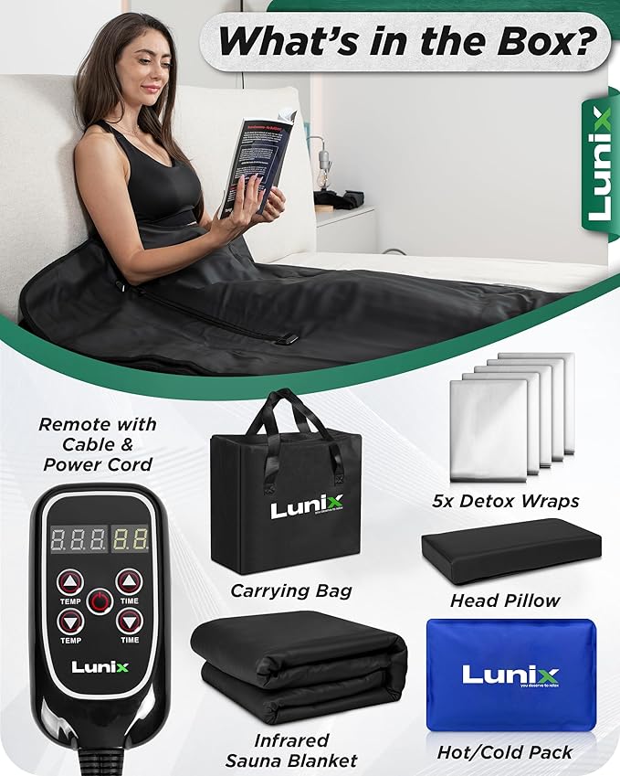 Lunix LX17 Infrared Sauna Blanket for Home, Portable Sauna for Detox, Pain Relief & Recovery, Adjustable 77–176°F Far Infrared Heat with Head Pillow, Detox Wrap & Hot Cold Gel Pack – Jet Black - The Vitality Estate
