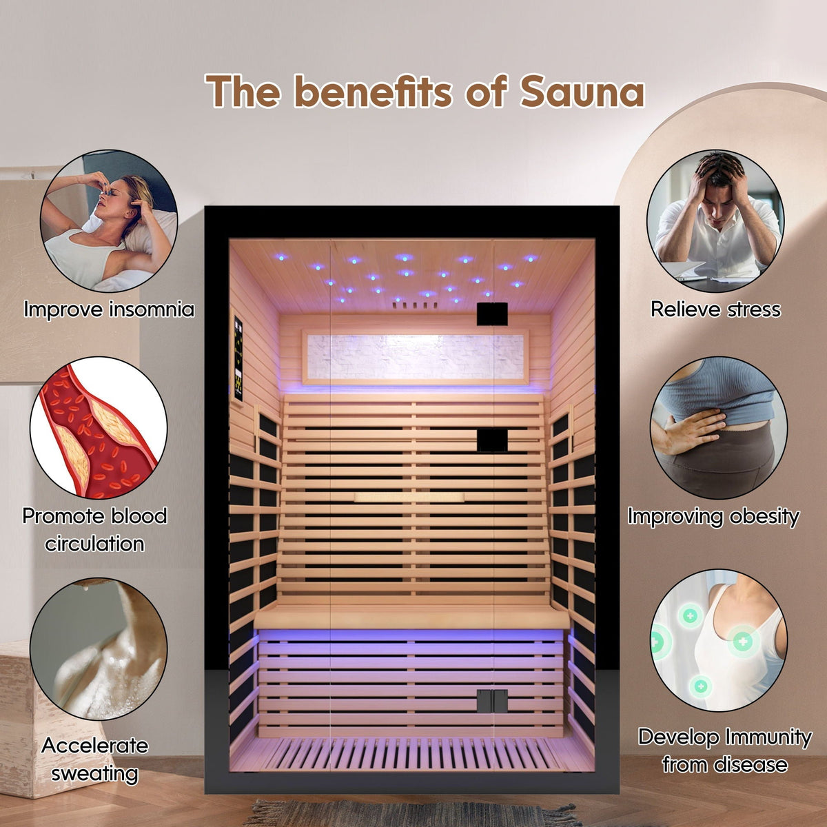 Luxury Double Far Infrared Sauna Room With Epoxy Heating Plates And Starry Sky Lighting - Black / Natural - The Vitality Estate