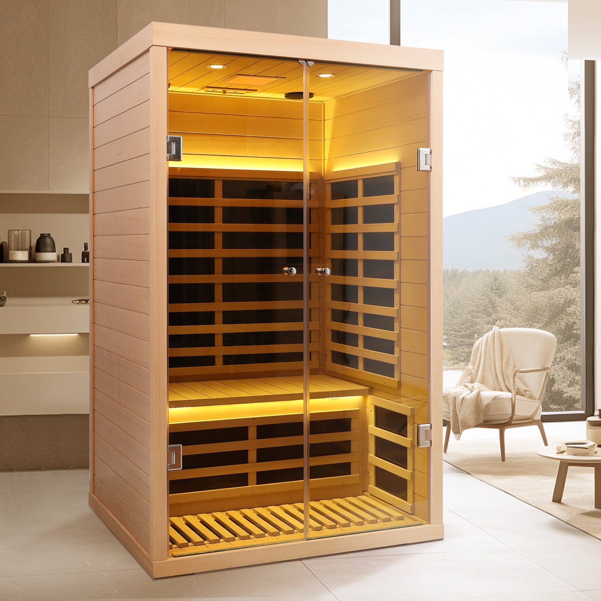 Luxury Indoor Hemlock Infrared Sauna Room with Double Doors and Glass for Two Persons - The Vitality Estate