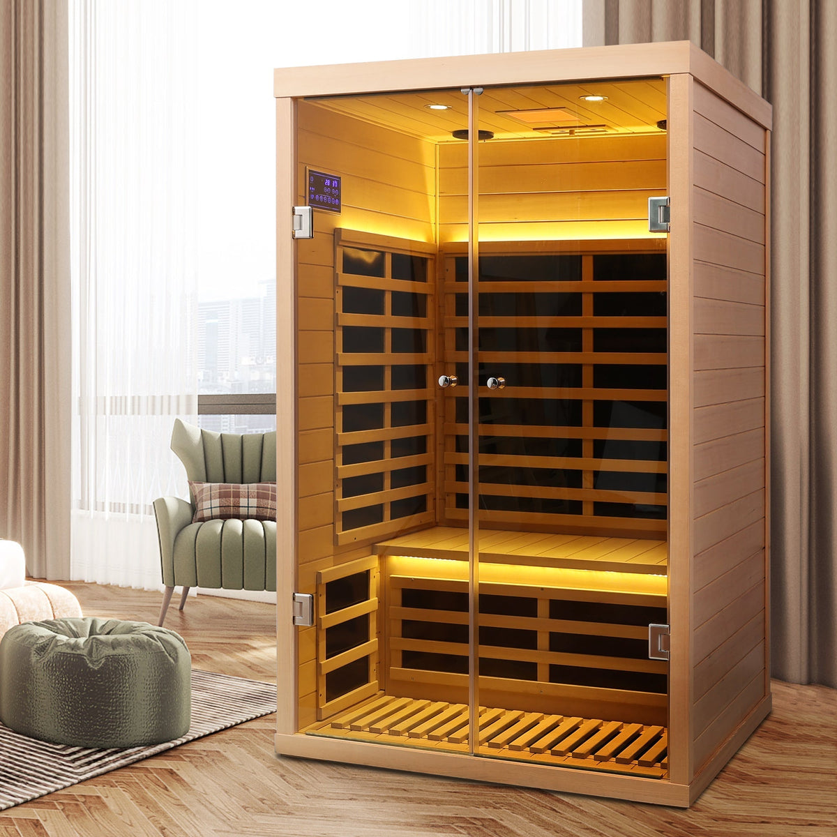 Luxury Indoor Hemlock Infrared Sauna Room with Double Doors and Glass for Two Persons - The Vitality Estate